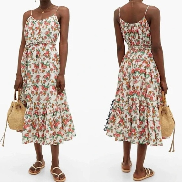 RHODE Lea Gathered Cotton Poplin Tiered Tie-Waist Midi Dress Floral White Dazzle - Picture 1 of 13